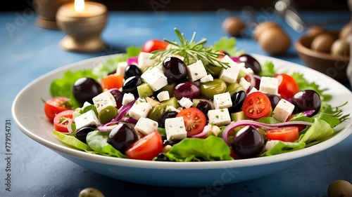 fresh and delicious healthy cuisine - food photography for salad menu card - Greek salad with feta cheese and olives