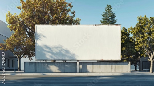 Blank billboard in urban setting - An empty large billboard ready for ad placement located in an urban street scene with trees and clear blue skies photo