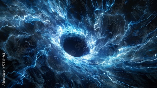 Abstract cosmic black hole with blue energy - An intricate representation of a black hole engulfed in a swirling mass of bright blue energy threads that looks both chaotic and beautiful photo