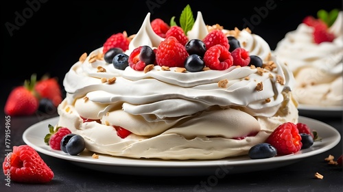 dessert pavlova - cream dessert with bars - dessert menu card with delicious pudding isolated on black background