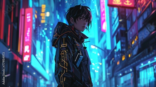 A man with short black hair and a jacket with orange lights stands in a city street at night. The buildings have red and blue lights on them. © ProPhotos