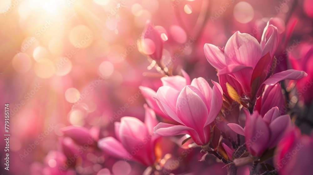 Stunning magnolias against a luminous backdrop - Majestic magnolia flowers standing out against the soft, luminous pink tones of the background for a striking image