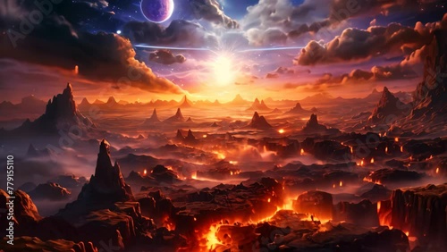 A mesmerizing view of a magical fantasy landscape illuminated by a dazzling beam of celestial light, Depiction of the universe's vast expanse with abstract cosmic forms, AI Generated photo