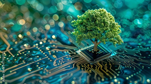 Tree and circuit board merge, showcasing green computing and IT ethics. The image represents the convergence of technology and nature, emphasizing the importance of sustainable computing practices.