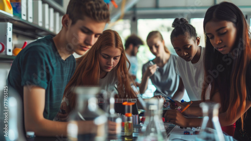 Students working on a project in a science lab - Group of focused teenagers conducting experiments in a high school science laboratory photo