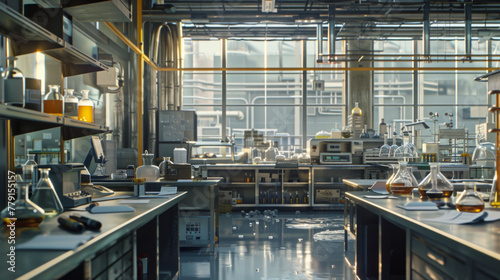 A bustling chemical research and development facility with laboratory benches, fume hoods, and analytical instruments, currently quiet but prepared to innovate in the field of chemistry photo