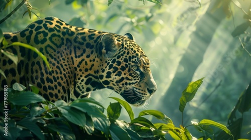 Jaguar in amazon rainforest, vibrant photorealistic image of lush sunlit foliage