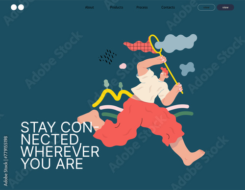Life Unframed: Cloud catcher -modern flat vector concept illustration of running man with butterfly net. Metaphor of unpredictability, imagination, whimsy, cycle of existence, play, growth, discovery