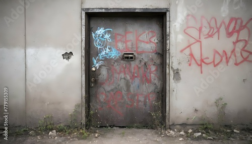 A Metal Door With Graffiti On It In A Post Apocalyptic City (2)