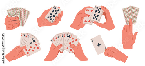 People hands playing cards. Poker game, risky gambling accessories, human arms hold card deck, shuffling and distribution, casino person, cartoon flat style isolated nowaday vector set