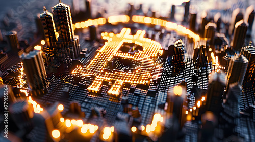 bitcoin logo and city in 3d made from thouasands glowing light pillars, octane render