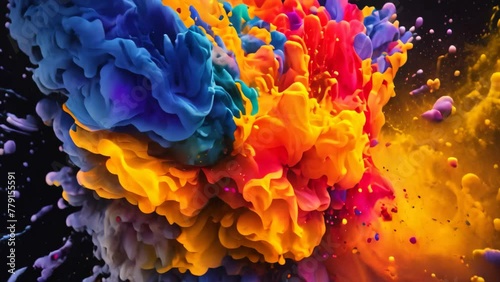 A striking explosion of vividly colored powder creates a mesmerizing display against a black backdrop, Explosive collision of primary colors, AI Generated photo