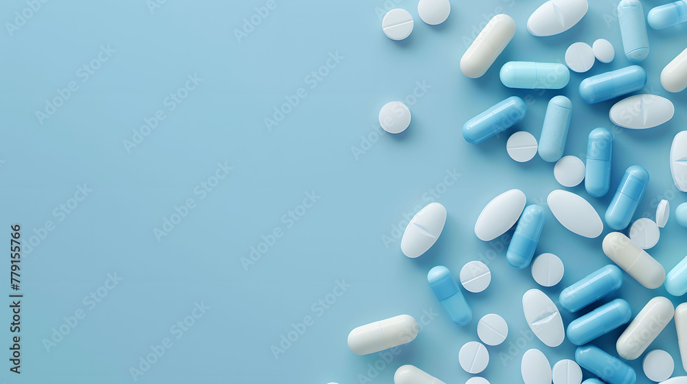 pills and medical tablets scattered on a light blue gradient background with copyspace for concept text