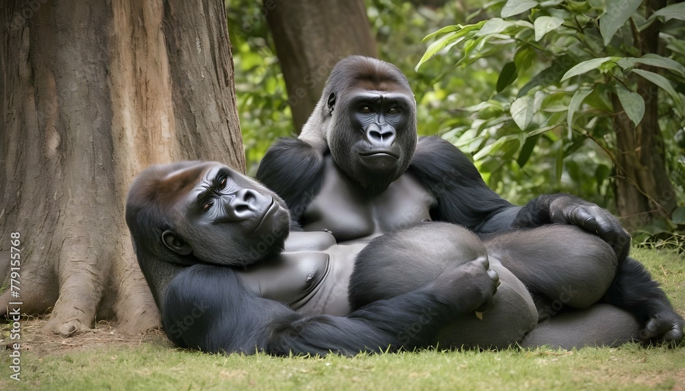 A Pair Of Gorillas Napping In The Shade Of A Large
