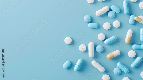 pills and medical tablets scattered on a light blue gradient background with copyspace for concept text photo