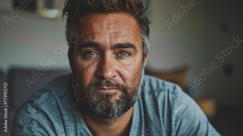 style photo of a 40 year old man with very straight brown hair, he has Native American facial features, brown beard, light brown skin