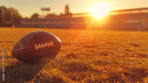 A dynamic angle photograph of an American football on the field during sunset, Generative AI