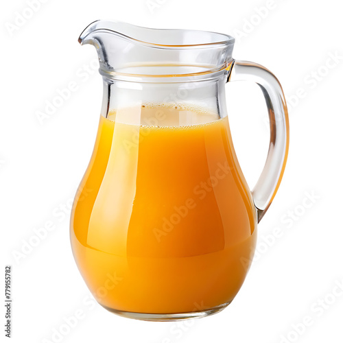 glass and pitcher with orange juice on transparent background
