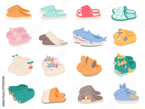 Funny home footwear. Cozy domestic slippers, decor in cute animal faces and paws form, textile warm house comfortable shoes, flip flops and soft boots unicorn and shark. Vector cartoon flat set