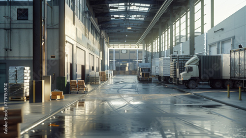 A busy food distribution center with loading docks, refrigerated storage systems, and delivery trucks, currently idle but ready to handle the transportation of food supplies © Textures & Patterns