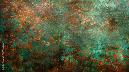 An expanse of subtle grunge texture mimicking the patina on copper, where verdigris and tarnish create a tapestry of green and brown hues. 32k, full ultra HD, high resolution photo