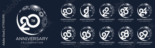 set of 20 to 29th anniversary logotype design, with white color fireworks for celebration event, wedding, and birthday, vector illustration