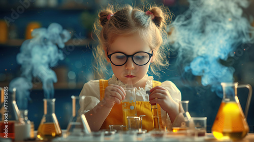 a little girl with glasses conducts chemical reaction