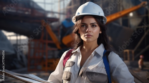 A female engineer in a hard hat and with a backpack stands in front of a construction site.