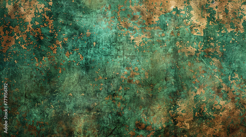 An expanse of subtle grunge texture mimicking the patina on copper, where verdigris and tarnish create a tapestry of green and brown hues. 32k, full ultra HD, high resolution photo