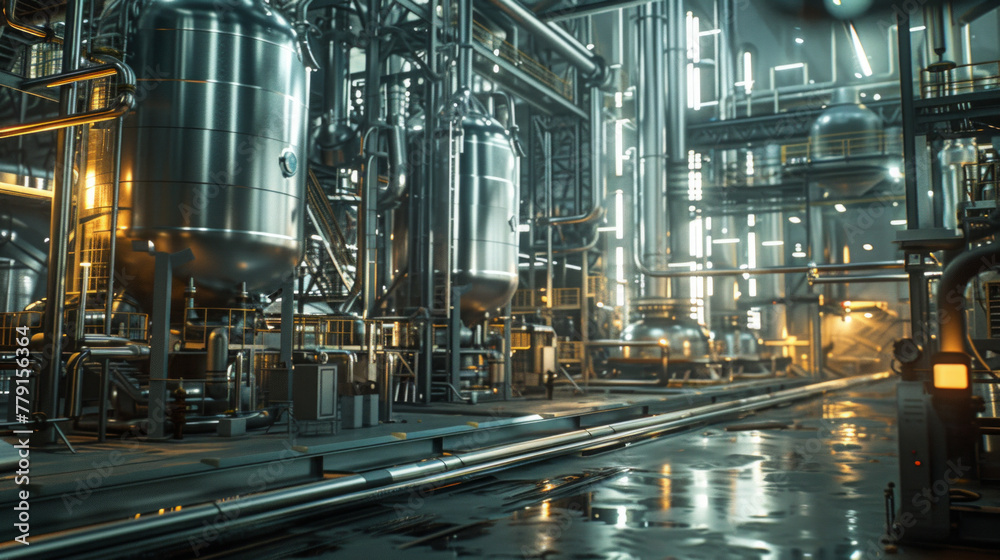 A modern chemical processing plant with tall distillation columns, reactors, and control panels, temporarily quiet but ready to produce a variety of chemical compounds A modern chemical processing plant with tall distillation columns, reactors, and control panels, temporarily quiet but ready to produce a variety of chemical compounds