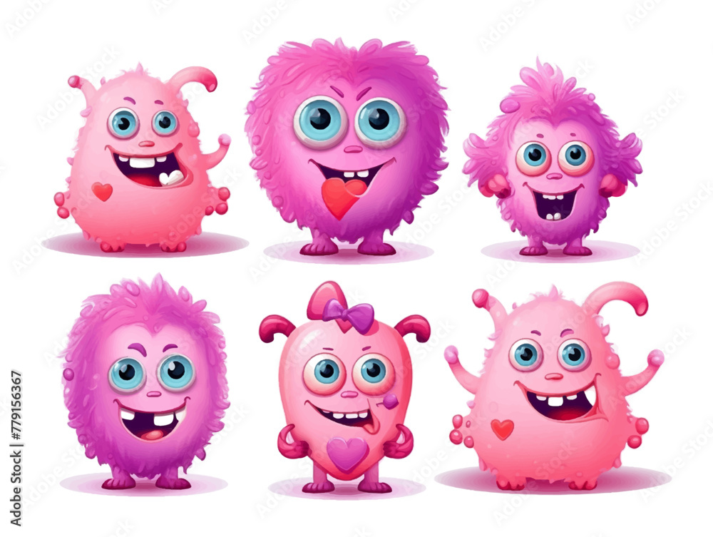 Set of cute pink heart cartoon monsters illustration