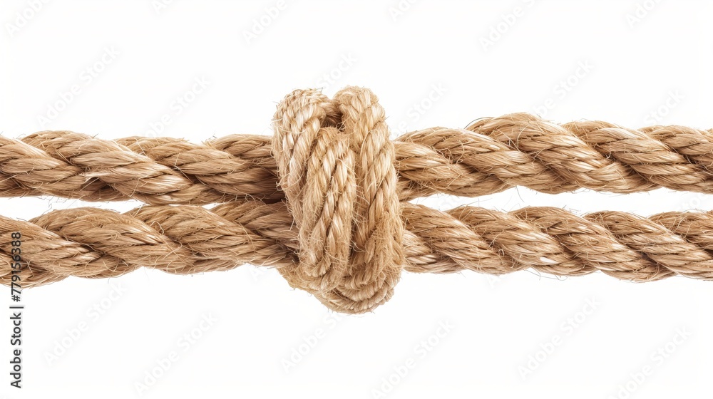 Strong and sturdy rope with a securely tied knot, isolated on a white background. Strong and sturdy rope with a securely tied knot, isolated on a white background.