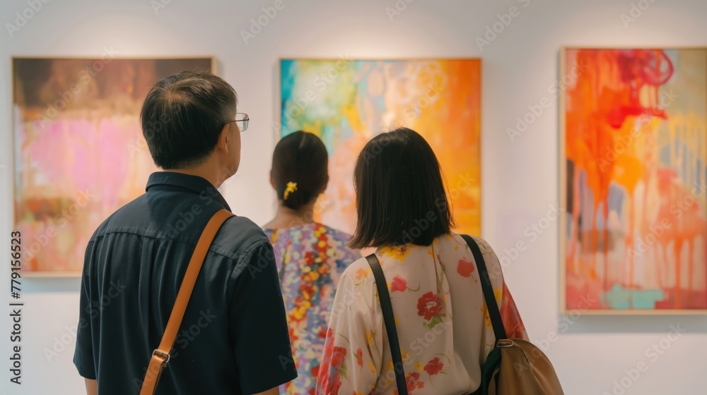 Diverse group of visitors observing art on display at an exhibition