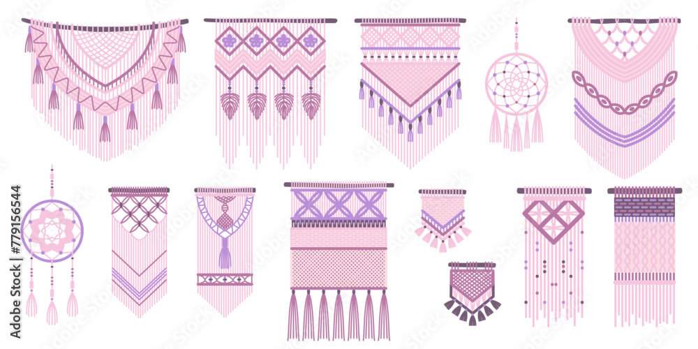Braided boho decorations. Macrame wall hanging, woven interior elements, cozy modern room, knitted ropes, home accessories, dream catcher. Cartoon flat style isolated tidy vector set