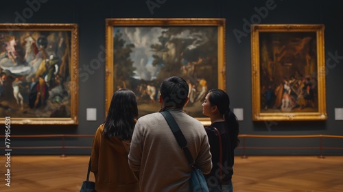 Group of people looking at various paintings in an art gallery