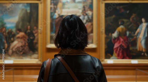 A female art gallery visitor looking intently at various paintings on display