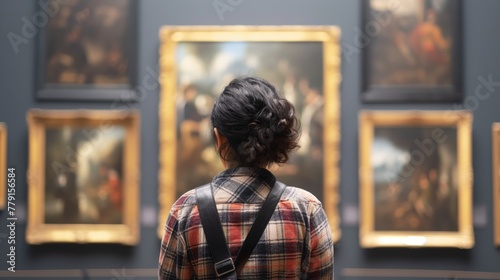 A woman studying artwork in an art gallery