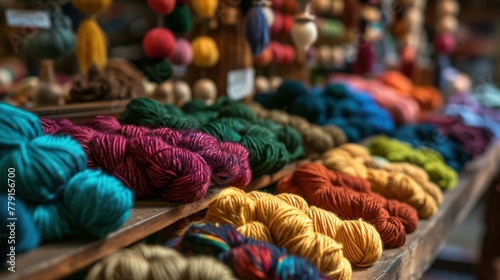 A close-up of a yarn shop with a variety of colorful yarns organized on wooden shelves.