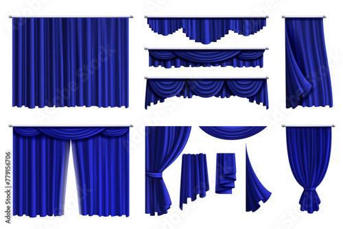 Blue curtain. Theatre and cinema stage decoration. Different textile drapery. Silk or velvet texture. Luxury home window interior. Hanging cloth vintage. Realistic isolated elements. Vector set