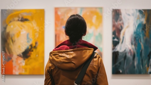 Visitor stands before various paintings in art gallery