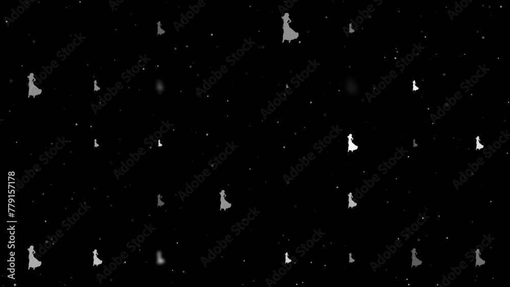 Template animation of evenly spaced lady symbols of different sizes and opacity. Animation of transparency and size. Seamless looped 4k animation on black background with stars