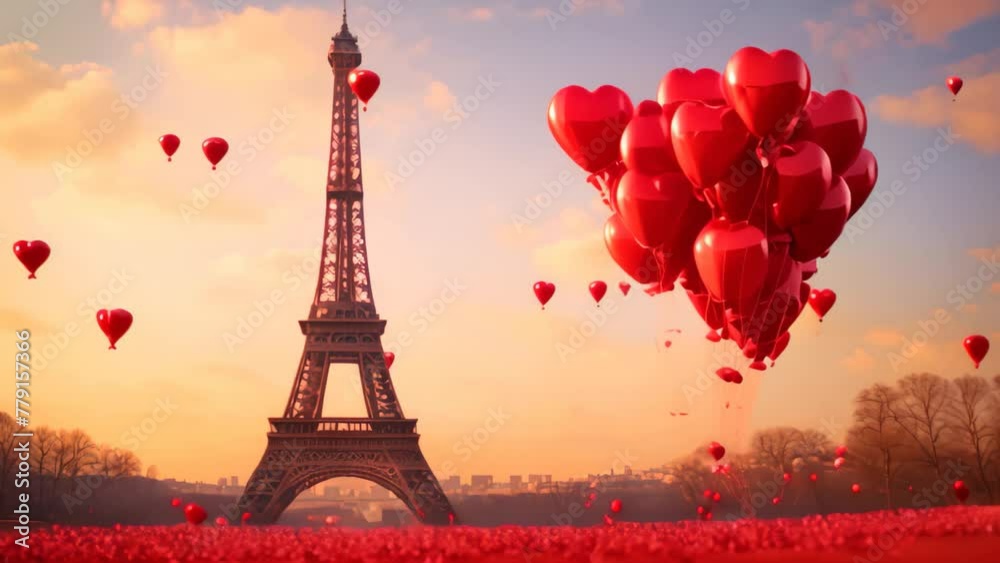 Eiffel Tower Surrounded by Red Hearts in Romantic Gesture of Love, Heart balloons floating near the Eiffel tower during Valentine's Day, AI Generated