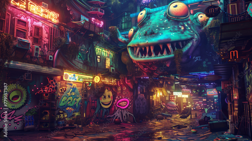 Obraz premium Surreal Cityscape with Giant Colorful Amphibians