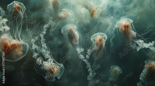 Enchanting underwater ballet jellyfish gliding with ethereal glow, detailed photorealistic shot