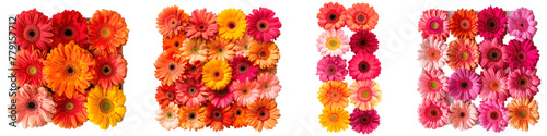 Four letters of the word "LOVE" are individually crafted from vibrant, colorful flowers
