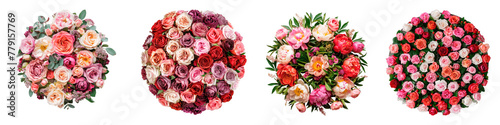 Four bouquets of assorted roses on a gray background