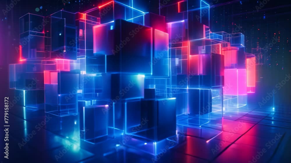 An Video capturing a multitude of cubes arranged neatly inside a room, creating an organized and expansive display, Jewel-toned representation of data storage in futuristic cube forms, AI Generated