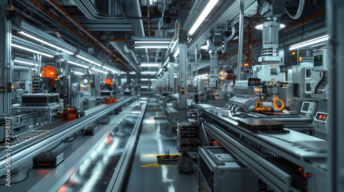 A high-tech electronics assembly factory with automated production lines, soldering machines, and inspection stations, temporarily silent but capable of manufacturing advanced electronic devices photo