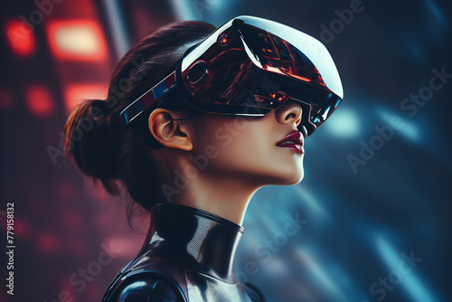 Futuristic Woman Using Virtual Reality Headset Generative AI