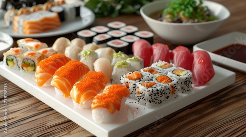 A plate of assorted sushi rolls and sashimi is placed on a wooden table.